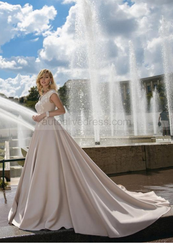 Champagne Satin Ivory Lace Wedding Dress